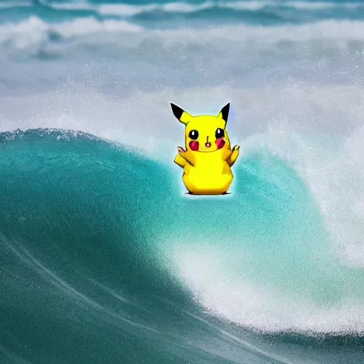 Image similar to pikachu surfing on a wave made of green slime