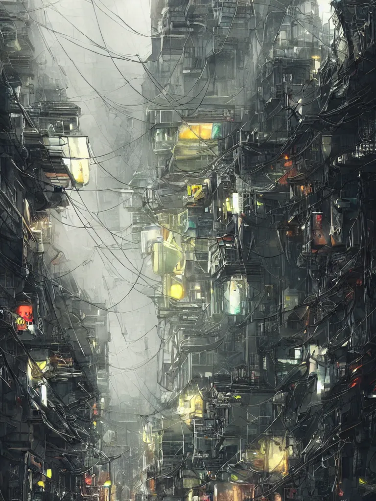 Image similar to futuristic diselpunk street, hanging cables, narrow, garbage on the ground. rain. fog, haze, evening. led screens. golden hour. volumetric lighting. cables on the ground. very messy. futuristic. photorealistic. artstation. anime. studio gimbli style