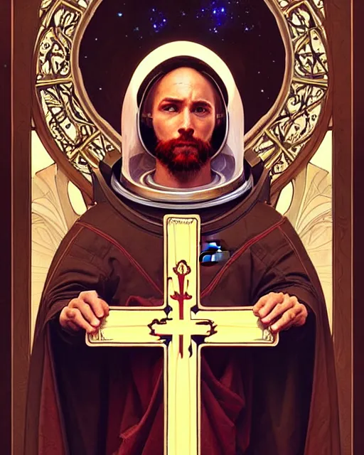 Image similar to Holy medieval astronaut portrait holding a cross, art nouveau, fantasy, intricate galactic designs, elegant, highly detailed, sharp focus, art by Artgerm and Greg Rutkowski and WLOP