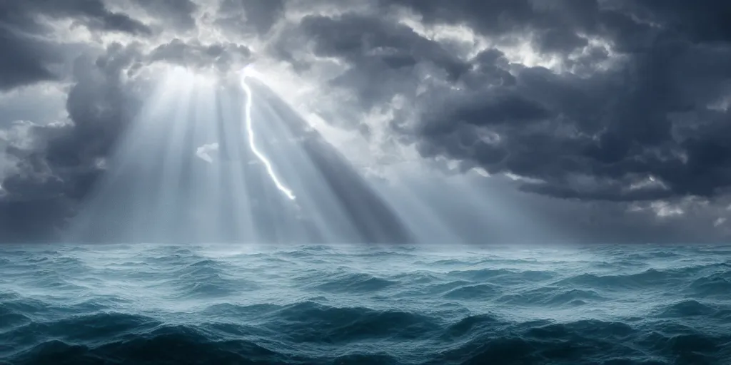 Image similar to a greek goddess in an ocean storm, 4k, Crepuscular Rays, by Wētā FX