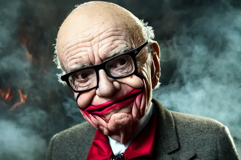 Prompt: Rupert Murdoch wearing glasses and makeup like The Joker, standing in hell surrounded by fire and flames and bones and brimstone, brilliant colors, color photo, portrait photography, volumetric fog and light, depth of field, bokeh