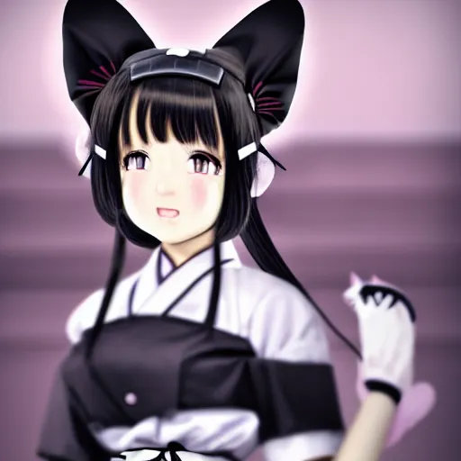 Image similar to hitler wearing an japanese maid costume and cat ears, 4 k, hyper realistic, dslr, high resolution, landscape, beautiful