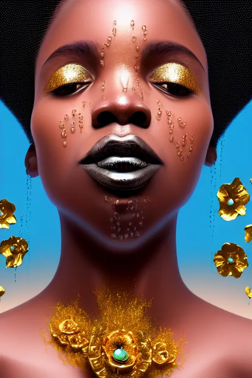 Prompt: hyperrealistic precisionist cinematic profile very expressive! black oshun goddess, in water! up to shoulders, mirror dripping droplet!, gold flowers, highly detailed face, digital art masterpiece, smooth eric zener cam de leon, dramatic pearlescent turquoise light on one side, low angle uhd 8 k, shallow depth of field, portrait photography