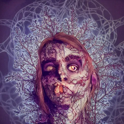 Image similar to a beautiful detailed front view portrait of a rotten woman corpse with fractal plants and fractal flowers growing around, volumetric light, beautiful lit, polaroid photography