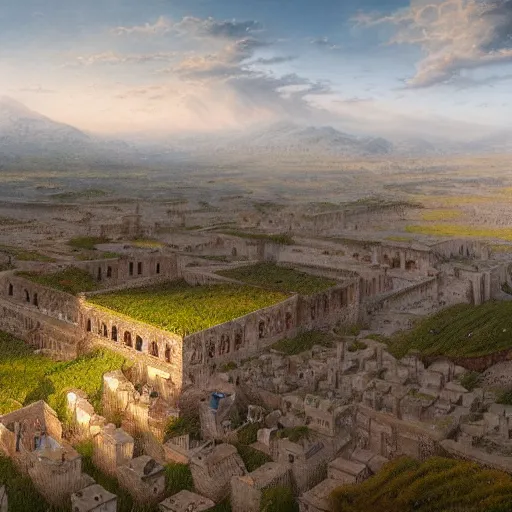 Image similar to a beautiful hyper realistic detailed matte painting of a place might looks like creativity by john howe, greg rutkowski, aerial view, unreal engine, barometric projection, rectilinear, octane render, well - rendered.
