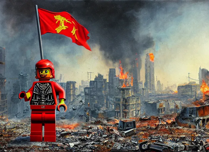 Prompt: a lego toy standing with red flag in a post-apocalyptic city, everything is burning, oil on canvas, by ivan shishkin