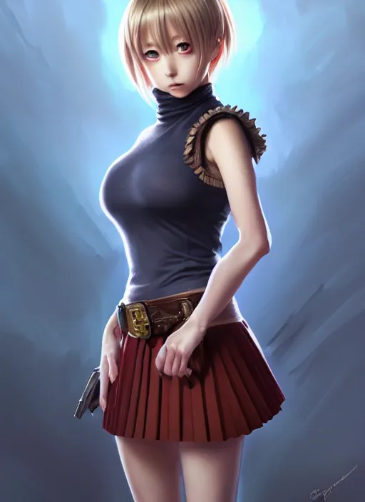 Image similar to portrait of a full body of beautiful young female detective, d & d, sleeveless turtleneck, pleated skirt, fantasy, flat lighting, intricate, highly detailed, digital painting, artstation, concept art, smooth, sharp focus, illustration, misa amane, art by simon bisley and greg rutkowski and alphonse mucha, natural tpose