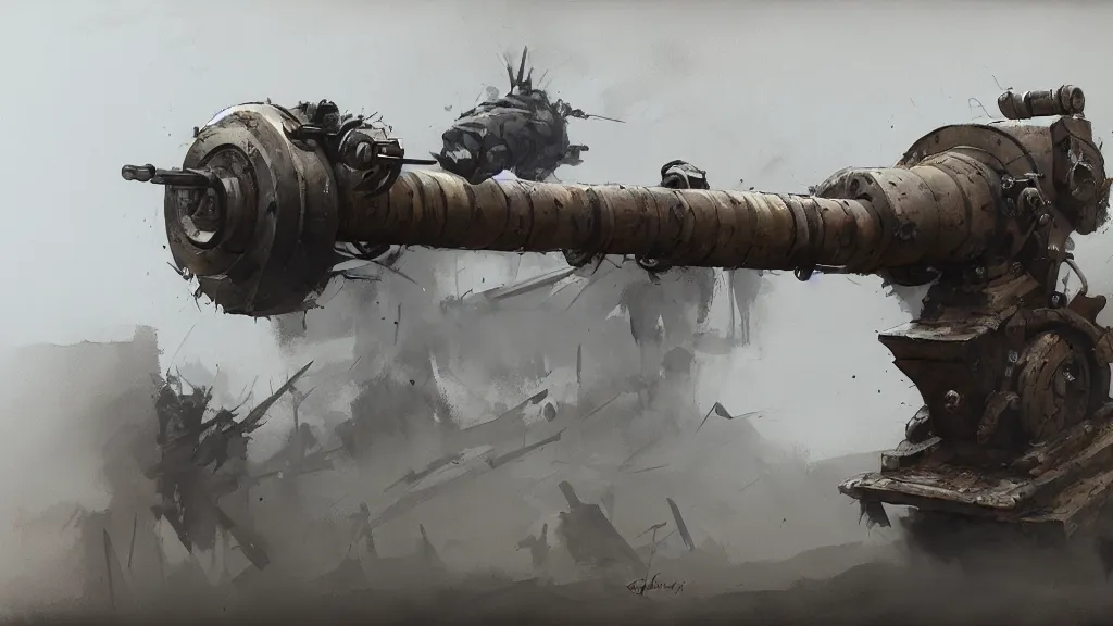 Image similar to realistic looking howitzer cannon, watercolored, jakub rozalski, dark colours, dishonored, artstation