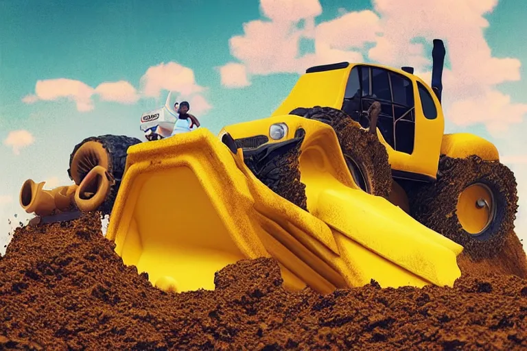 Prompt: “child driving a yellow bulldozer pushing a giant pile of dirt, wide angle, perspective, digital art, beeple, trending on ArtStation”
