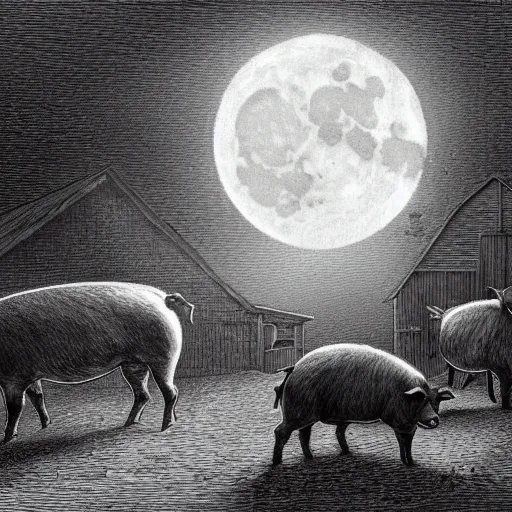 Image similar to pigs in a tuxedo walk out of a barn, dramatic lighting, creepy, farm background, moon, chiaroscuro, high detail, illustration by gustave dore