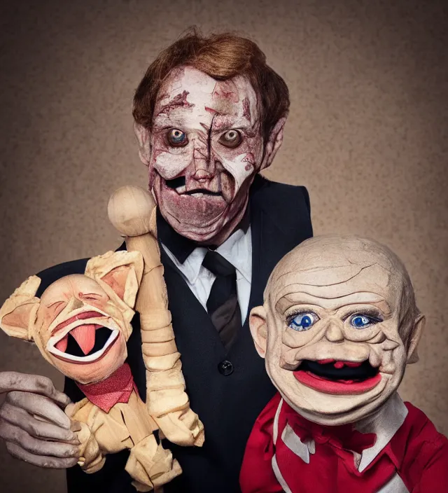 Image similar to hyper realistic photography of horror ventriloquist with wooden puppet