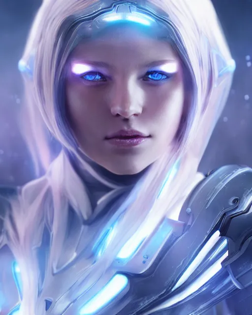 Image similar to perfect android girl on a mothership, warframe armor, beautiful face, scifi, futuristic, galaxy, nebula, raytracing, dreamy, long white hair, blue cyborg eyes, sharp focus, cinematic lighting, highly detailed, artstation, divine, by gauthier leblanc, kazuya takahashi, huifeng huang