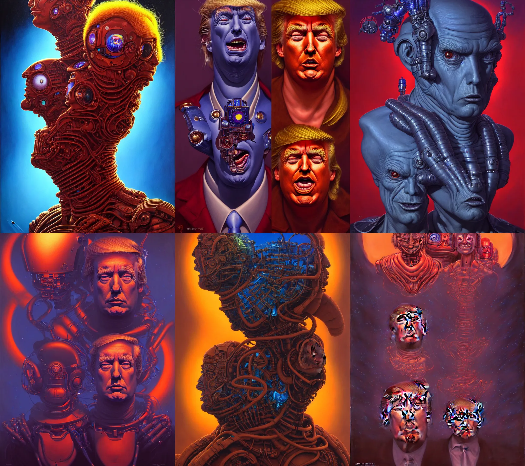 Prompt: cinematic bust portrait of psychedelic (Donald Trump) from left, head and chest only, exotic alien features, robotic enhancements, desaturated, Tim Hildebrandt, Wayne Barlowe, Bruce Pennington, donato giancola, larry elmore, oil on canvas, masterpiece, trending on artstation, featured on pixiv, cinematic composition, dramatic pose, beautiful lighting, sharp, details, hyper-detailed, HD, HDR, 4K, 8K