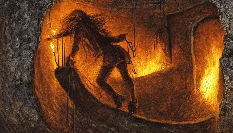 Prompt: witch climbing out of a well with a burning torch, intricate details, dramatic light, establishing shot