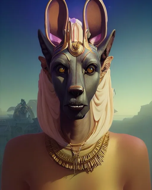 Image similar to highly detailed surreal vfx portrait of a anubis, stephen bliss, unreal engine, greg rutkowski, loish, rhads, beeple, makoto shinkai and lois van baarle, ilya kuvshinov, rossdraws, tom bagshaw, alphonse mucha, global illumination, detailed and intricate environment