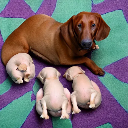 Image similar to 8 0 mm anne geddes photo of a momma dog with her newborn puppies, natural sunlight, indoors, cool colors