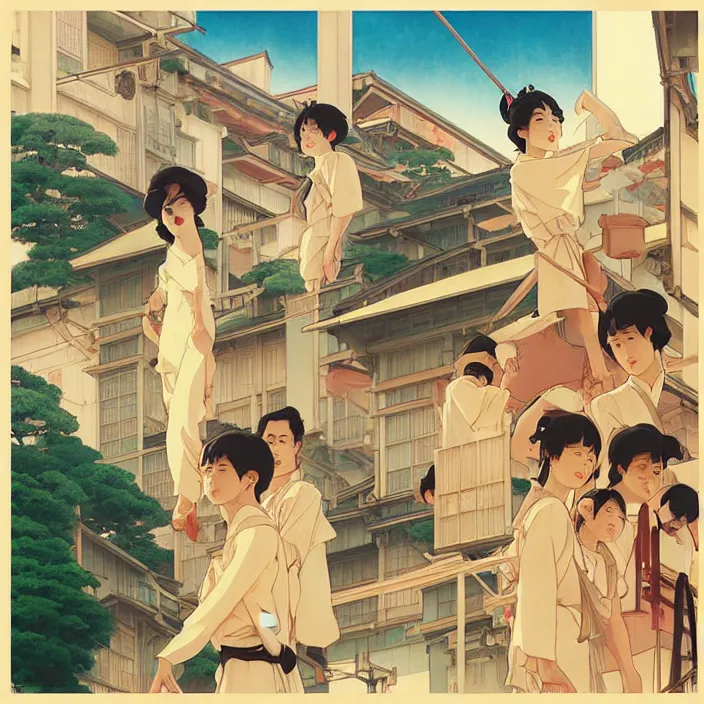 Image similar to japanese city, summer, in the style of studio ghibli, j. c. leyendecker, greg rutkowski, artem