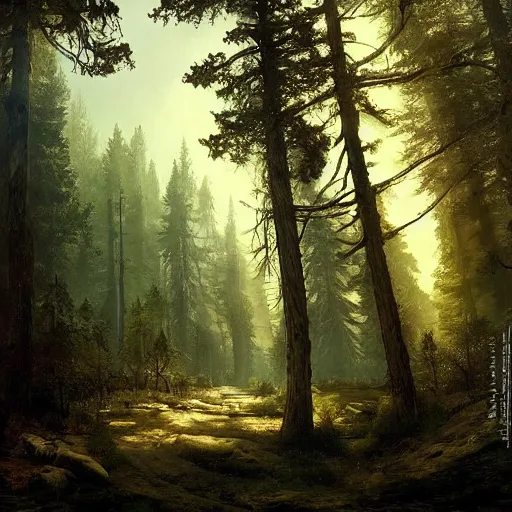 Image similar to mysterious glowing nuclear reactor, woods and wilderness, Ivan Shishkin and Greg Rutkowski