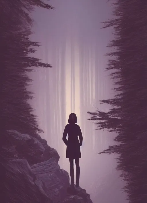 Prompt: Twin Peaks poster artwork by Michael Whelan and Tomer Hanuka, Rendering of a lonely woman looking out over a cliff into a dark forest, full of details, by Makoto Shinkai and thomas kinkade, Matte painting, trending on artstation and unreal engine