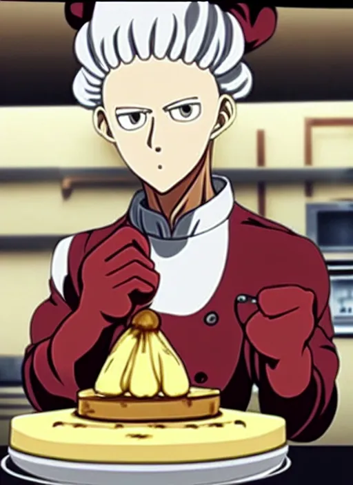 Image similar to chef saitama one punch man, dressed as a pastry chef, fiercely focused at making a cake, beautiful anime artwork