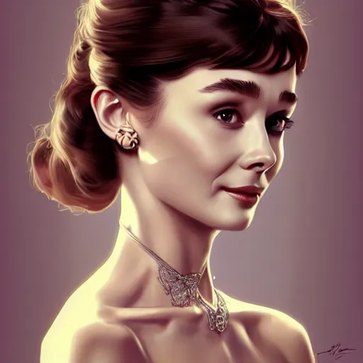 Image similar to portrait of a young audrey hepburn, upper body, seductive eyes, long hair, joyful smirk, intricate, elegant, highly detailed, digital painting, artstation, concept art, matte, sharp focus, illustration, art by artgerm and greg rutkowski and alphonse mucha