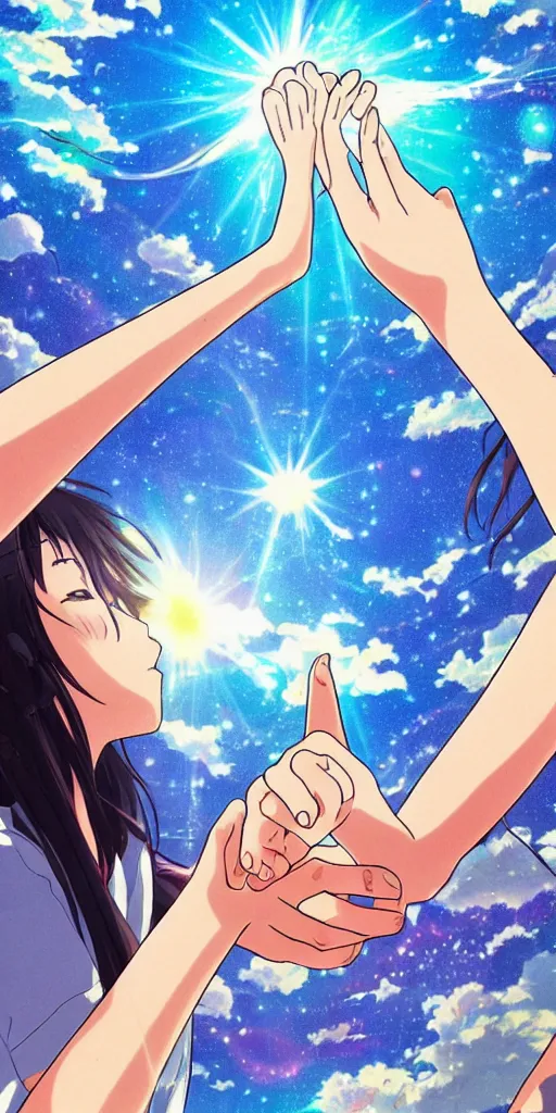 Image similar to a man and a woman holding hands under a beautiful sun drawn like the anime Your Name anime, intricate, psychedelic, tarot card