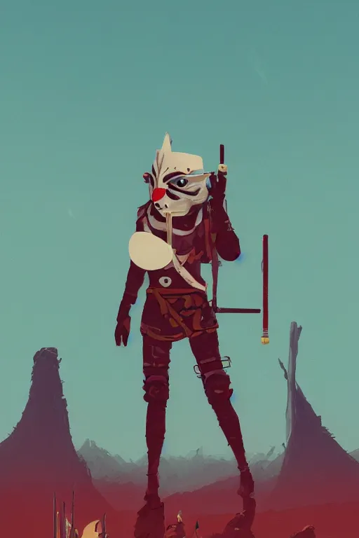 Image similar to female adventurer in tight full - body teal leather armor of japanese design with red accents and a white porcelain crow mask, trending in artstation, japanese, by simon stalenhag, establishing shot