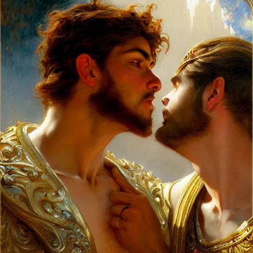 Image similar to attractive fully clothed king confesses his love for his attractive fully clothed male prince. highly detailed painting by gaston bussiere, craig mullins, j. c. leyendecker 8 k