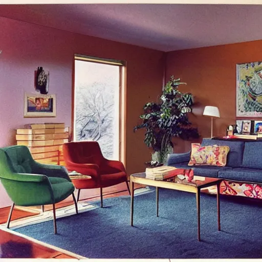 Prompt: a typical American living room from the 1970s