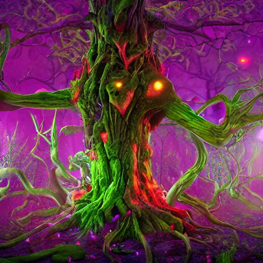 Image similar to a crazy chaotic small psychedelic surreal horror giant made of multicolored psychotropic hybrid of trees flowers, cybernetic beings and magical creatures in the chaotic spirit forest, fulcolor octane reminder, cinematic, ultra - realistic