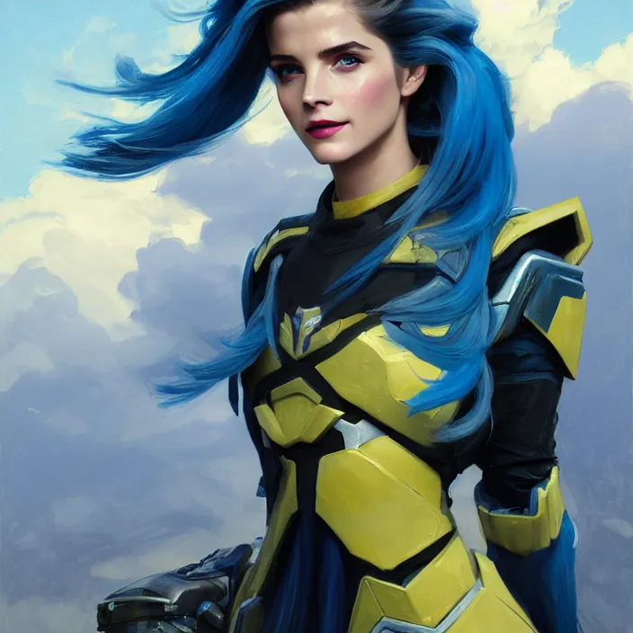 Image similar to portrait of a combination of Ashley Greene, Adriana Dxim, Grace Kelly and Emma Watson with blue hair wearing Interceptor's armor from Anthem, countryside, calm, fantasy character portrait, dynamic pose, above view, sunny day, thunder clouds in the sky, artwork by Jeremy Lipkin and Giuseppe Dangelico Pino and Michael Garmash and Rob Rey and Greg Manchess and Huang Guangjian, very coherent asymmetrical artwork, sharp edges, perfect face, simple form, 100mm