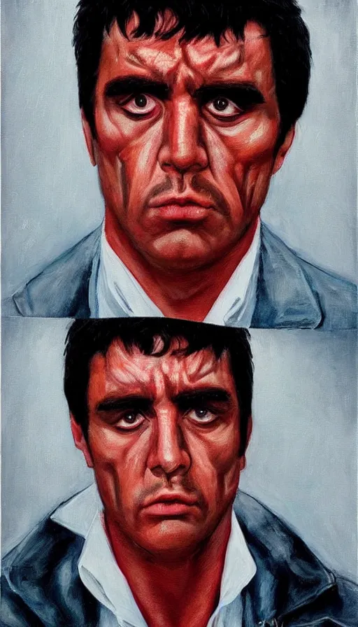 Image similar to close up. perfect symmetric face, coherent symmetric eyes. detailed face. portrait of tony montana from movie scarface. angry face. contrast colors