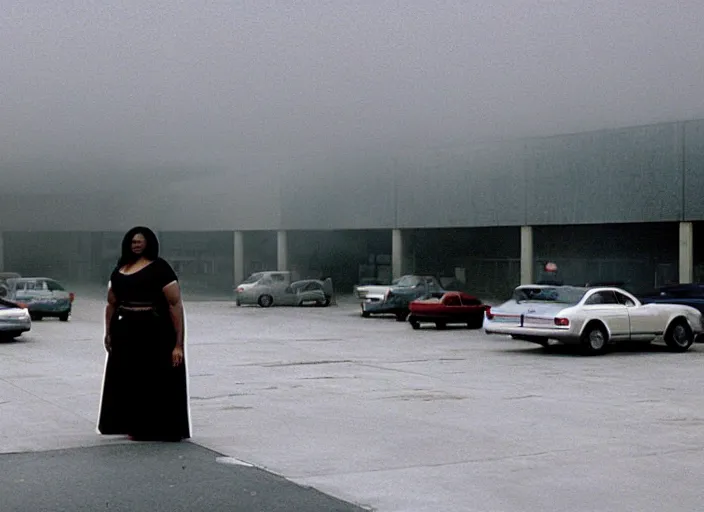 Prompt: cinematic screenshot wide shot of octavia spencer in a foggy abandoned sears parking lot, paranoia everywhere, screenshot from the tense thriller film ( 2 0 0 1 ) directed by spike jonze, volumetric hazy lighting, moody cinematography, 3 5 mm kodak color stock, 2 4 mm lens, ecktochrome
