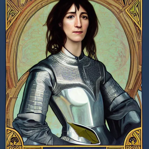 Image similar to portrait of charlotte gainsbourg as joan of arc, hyperreal digital painting, iconography influenced by alphonse mucha and eugene delacroix, arstation and deviantart trends, high resolution 8 k