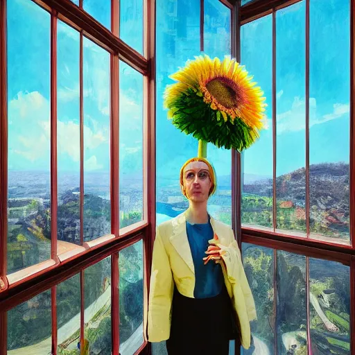 Prompt: giant daisy flower head, woman in suit, standing next to modern window in luxury apartment, surreal photography, sunlight, impressionist painting, digital painting, artstation, simon stalenhag