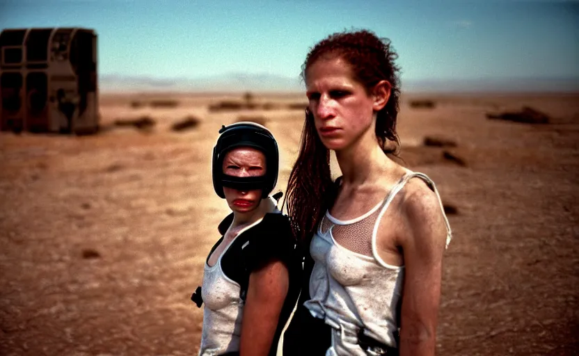 Image similar to cinestill 5 0 d photographic portrait by helen levitt of a white and mixed female android couple wearing rugged black mesh techwear on a desolate plain of america, extreme closeup, modern cyberpunk, dust storm, 8 k, hd, high resolution, 3 5 mm, f / 3 2, ultra realistic faces, intricate detail, ex machina