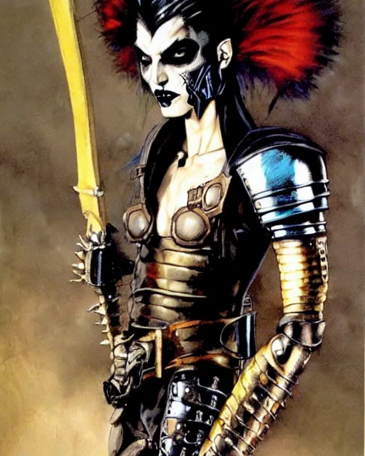 Prompt: portrait of an androgynous skinny punk goth warrior wearing armor by simon bisley, john blance, frank frazetta, fantasy