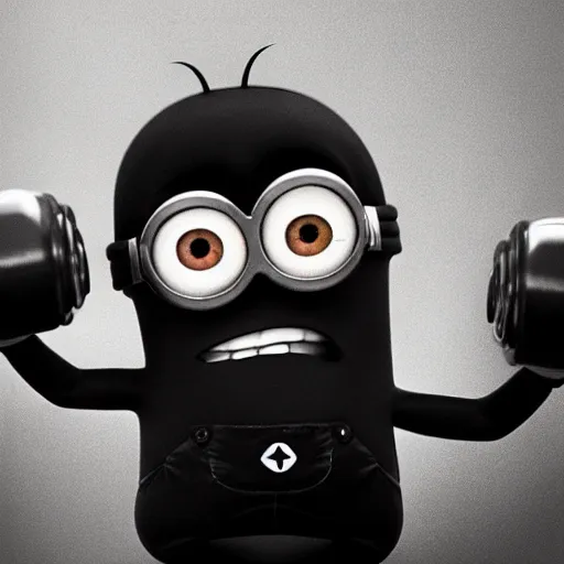 Image similar to black & white epic!!! photograph of a minion from “ despicable me ” in the gym lifting a dumbbell with one hand, very angry!!!!!! face, motivational poster, gym in background, highly detailed, cinematic lighting, photo, award - winning photograph, professional photograph, dramatic posing, 8 k quality, dramatic rim lighting, high quality