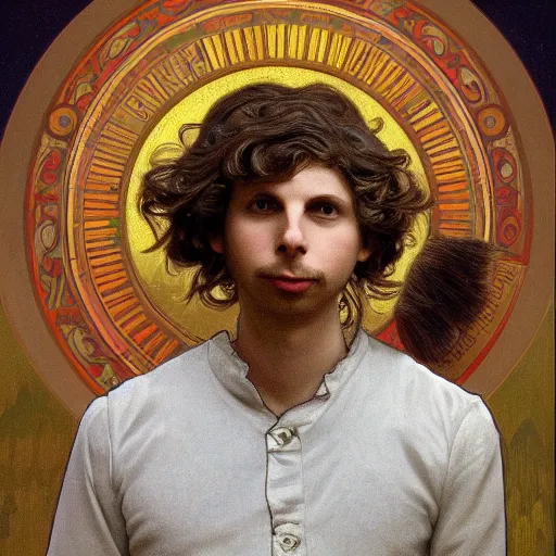 Image similar to a detailed portrait of michael cera as santa ana at the alamo, long twirling moustache, by alphonse mucha and albert bierstadt and thomas moran and charles russel, god rays, intricate detail, cinematic, 8 k, featured on artstation, pixiv