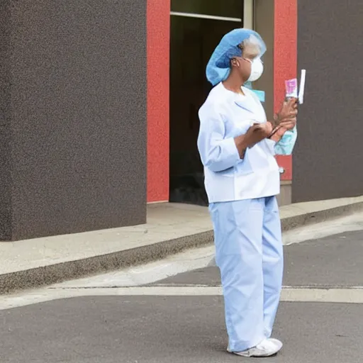 Image similar to a nurse smoking a cigarette outside a hospital during their break