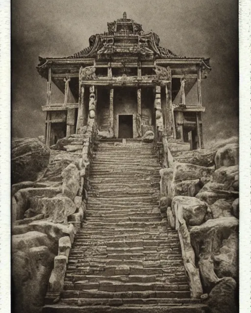 Image similar to Haunting horrifying detailed polaroid of an ancient temple that calls out to the viewer, beckoning them in to their deaths, hyper detailed, trending on Artstation