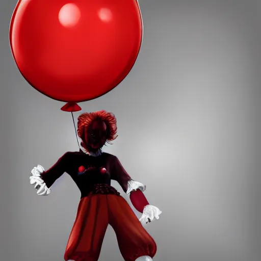 Prompt: detailed conceptual full body portrait pennywise the clown handling red baloon, dark background, poster, with art style of alex ross