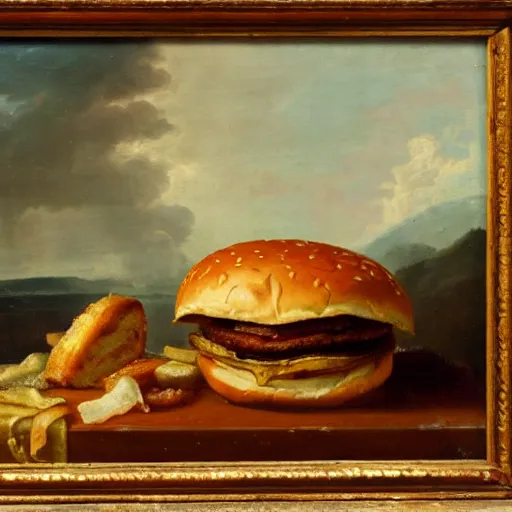 Prompt: a man, hamburger and french fried in still life. dutch masters, 1 8 th century, oil on canvas