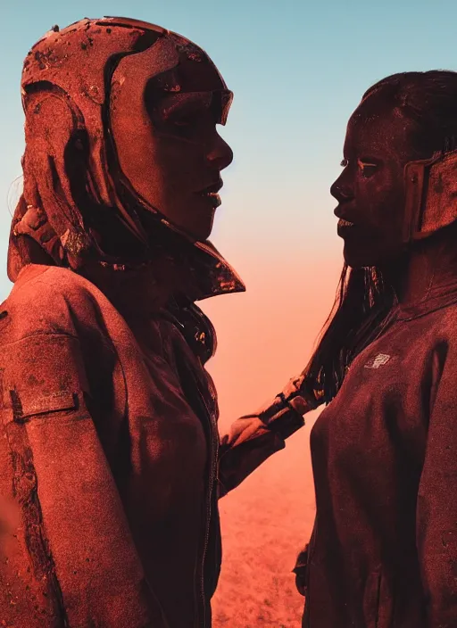 Image similar to cinestill 5 0 d photographic portrait of two loving female androids wearing rugged black techwear on a desolate plain with a red sky in front of a brutalist monolith, extreme closeup, cyberpunk style, dust storm, 8 k, hd, high resolution, 3 5 mm, f / 3 2, ultra realistic faces, ex machina, steve mccurry