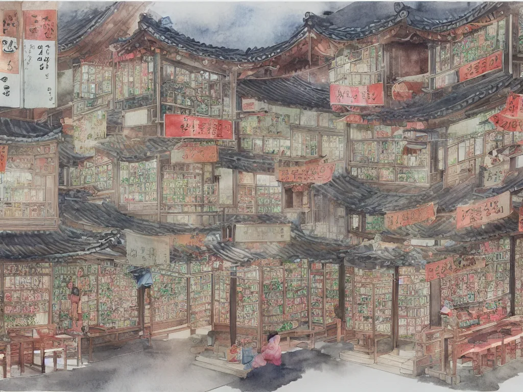 Prompt: a beautifully and highly detailed watercolor of a south korean tea shop, by me kyeoung lee,