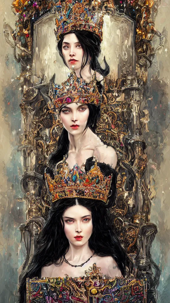 Image similar to painting of a beautiful black haired woman with pale skin and a crown on her head sitted on an intricate metal throne, illustration, artistic, colorful, hyper detailed, in the style of greg rutkowski,