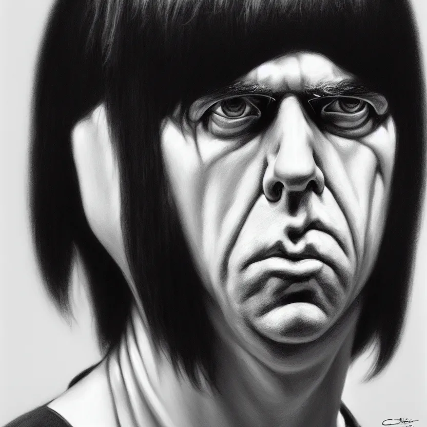 Image similar to portrait of Johnny Ramone, by Casey Baugh, Steve Caldwell, Gottfried Helnwein, and Artgerm, sharp focus, 8k resolution, masterpiece work, digital render.