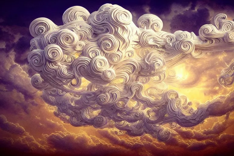 Image similar to a huge flock of many elaborate intricate smooth sculptural whirling elegant clouds puffy filigreed twisting turning cloud sculptures, tornadoes, art nouveau apocalypse environment, soothing, crepuscular, award winning art, epic dreamlike fantasy landscape, ultra realistic,