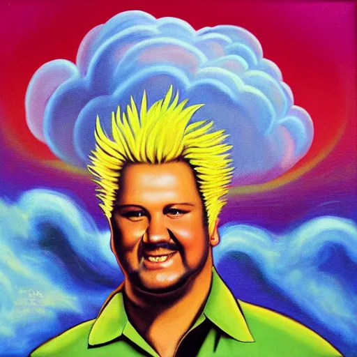 Prompt: 8 0 s new age album cover depicting a mushroom cloud in the shape of guy fieri, very peaceful mood, oil on canvas by georgia o'keefe