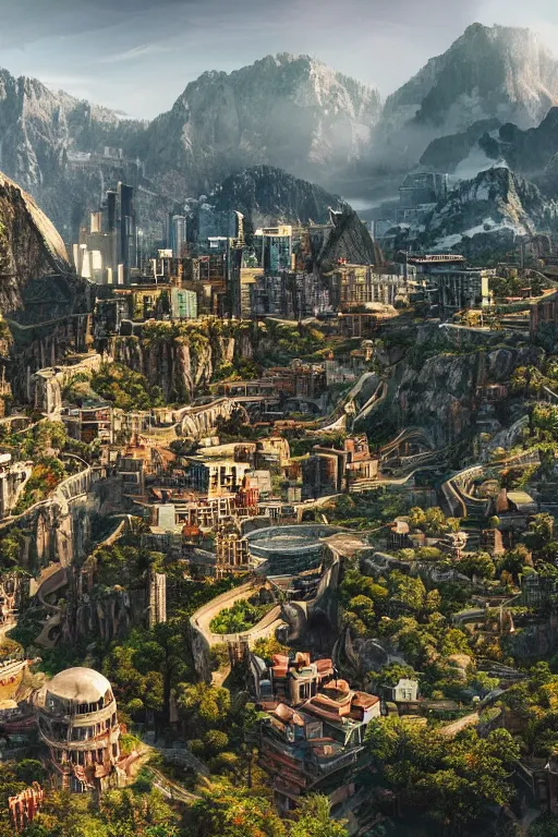 Image similar to a scenic view of a city build on and around a mountain, market and gardens, james paick, imax quality, cinematic photography, cinematic, ue 5, realistic, highly - detailed, sci - fi